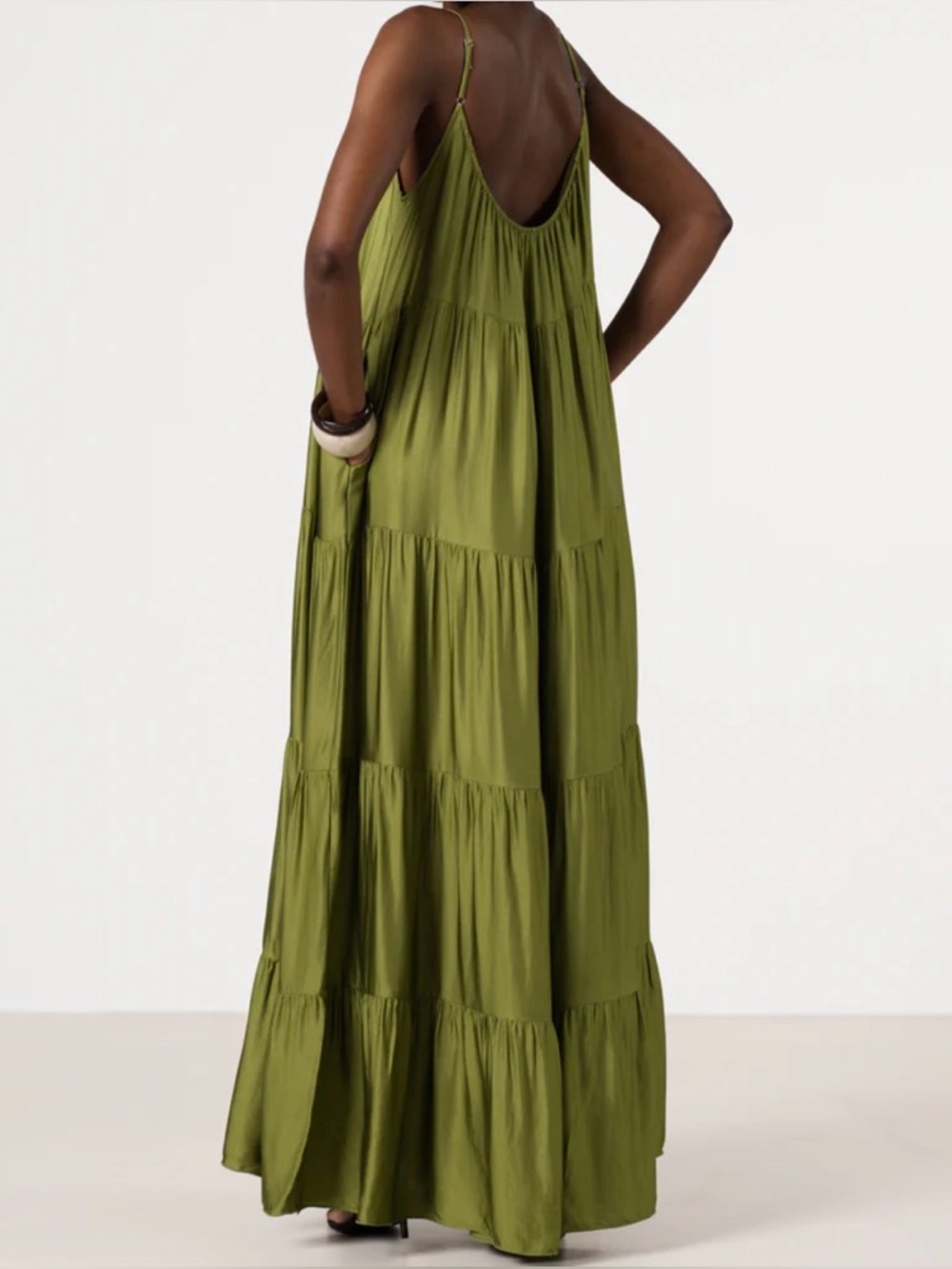 JAKI Noelle Strappy Tiered Satin Maxi Dress. Olive Green. Small. Worn once. - Picture 2 of 6
